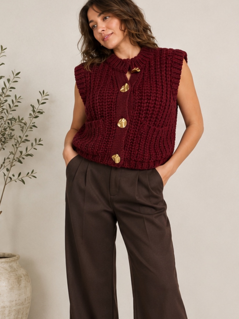 Zara chunky knit cropped sweater vest gold buttons burghandy small boxy pockets